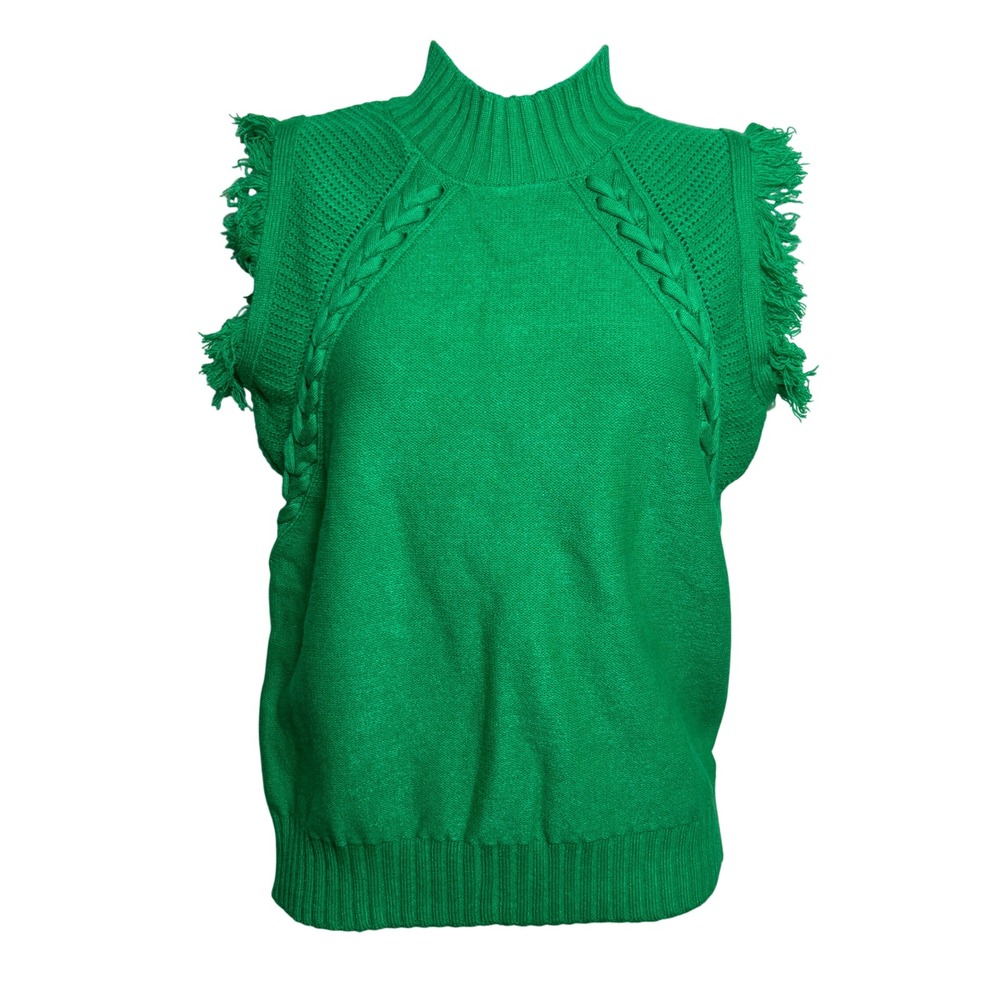 NWT Anna-Kaci Green Mock Neck Cable Knit Fringe Sleeveless Top Blouse Womens S